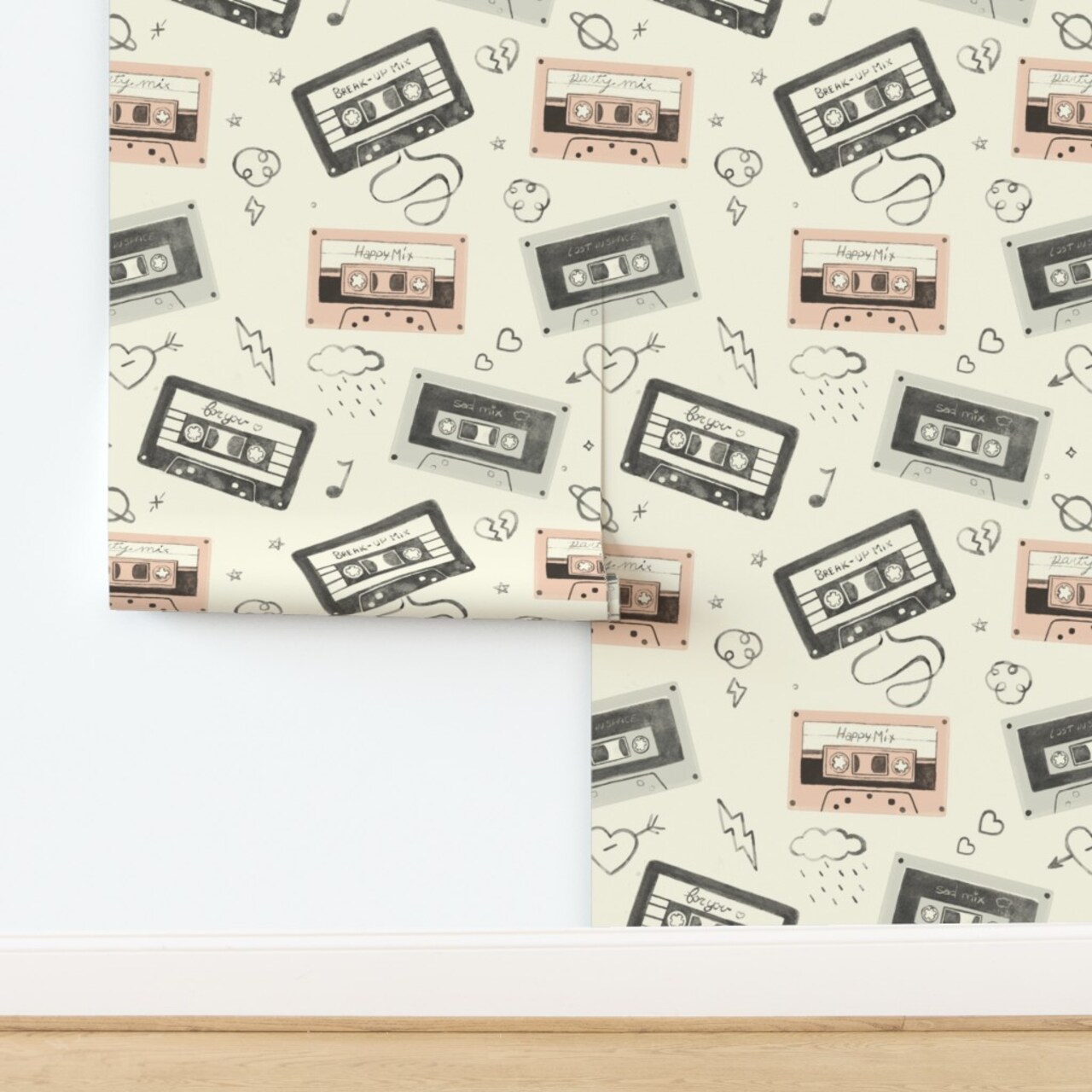 Watercolor Vintage Retro Cassette Tape 80S 90S Love Novelty Teenager Music Hand Drawn Handwriting Lightning Bolt Storm Cloud Rain Doodle Heart Custom Pre-pasted Wallpaper by Spoonflower Pre-Pasted Wallpaper 2FT Wide